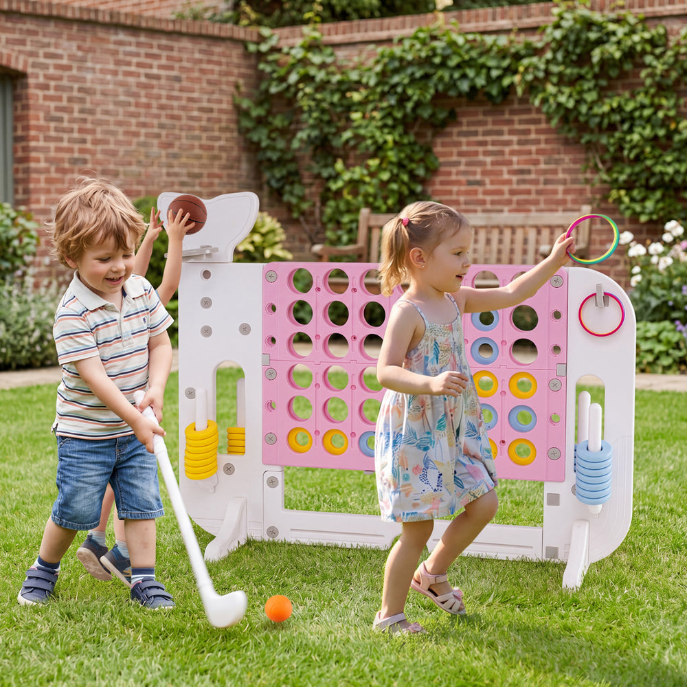 Giant 4-to-Score game set features a whale design with integrated games, perfect for backyard fun and playtime activities.