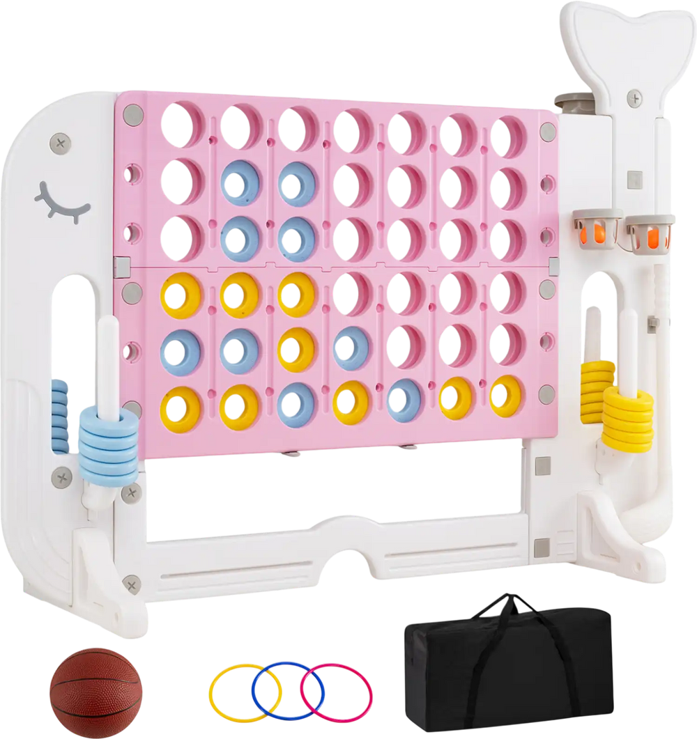 Giant 4-to-Score game set features a pink connect four board with cup holders, rings, and a basketball for versatile fun.