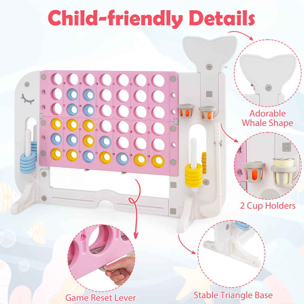 Giant 4-to-Score game set features a whale shape, 2 cup holders, and a stable triangle base for indoor or outdoor fun.