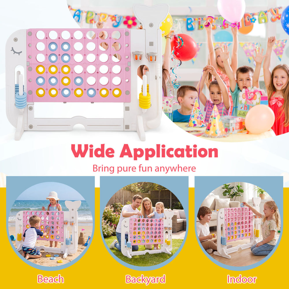 Giant 4-to-Score game set features a stable design, integrated games, and cup holders for fun at the beach, backyard, or indoors.