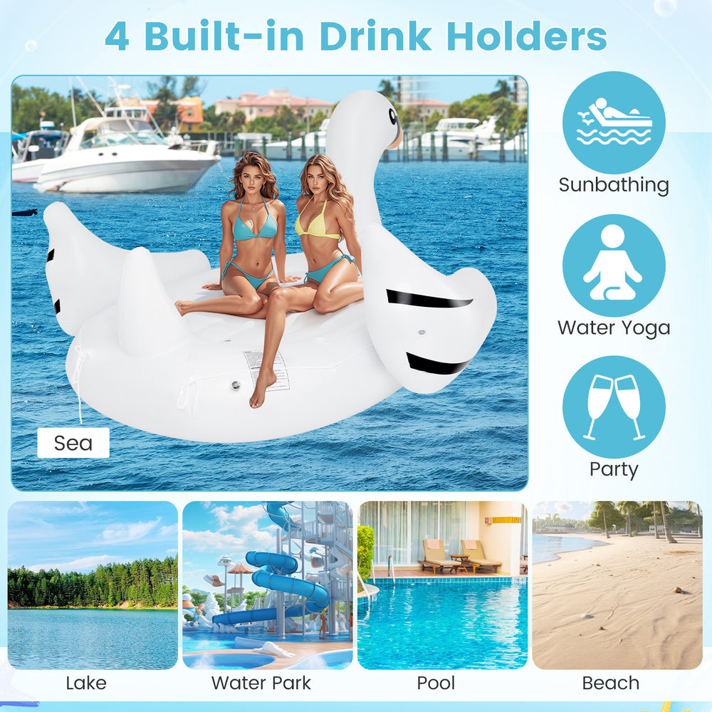 Giant inflatable swan pool float for 4 adults with 4 drink holders, ideal for sunbathing and water fun.