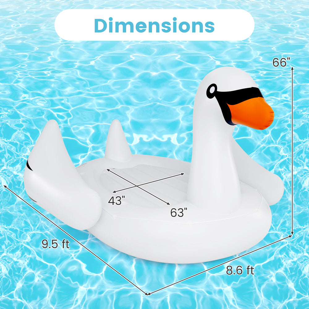 Giant inflatable swan pool float with dimensions 63" x 43", holds 4 adults, perfect for water fun and relaxation.