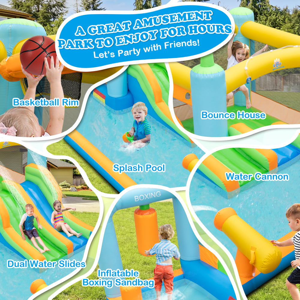 Giant inflatable water slide featuring dual slides, splash pool, and basketball rim for outdoor fun and parties.
