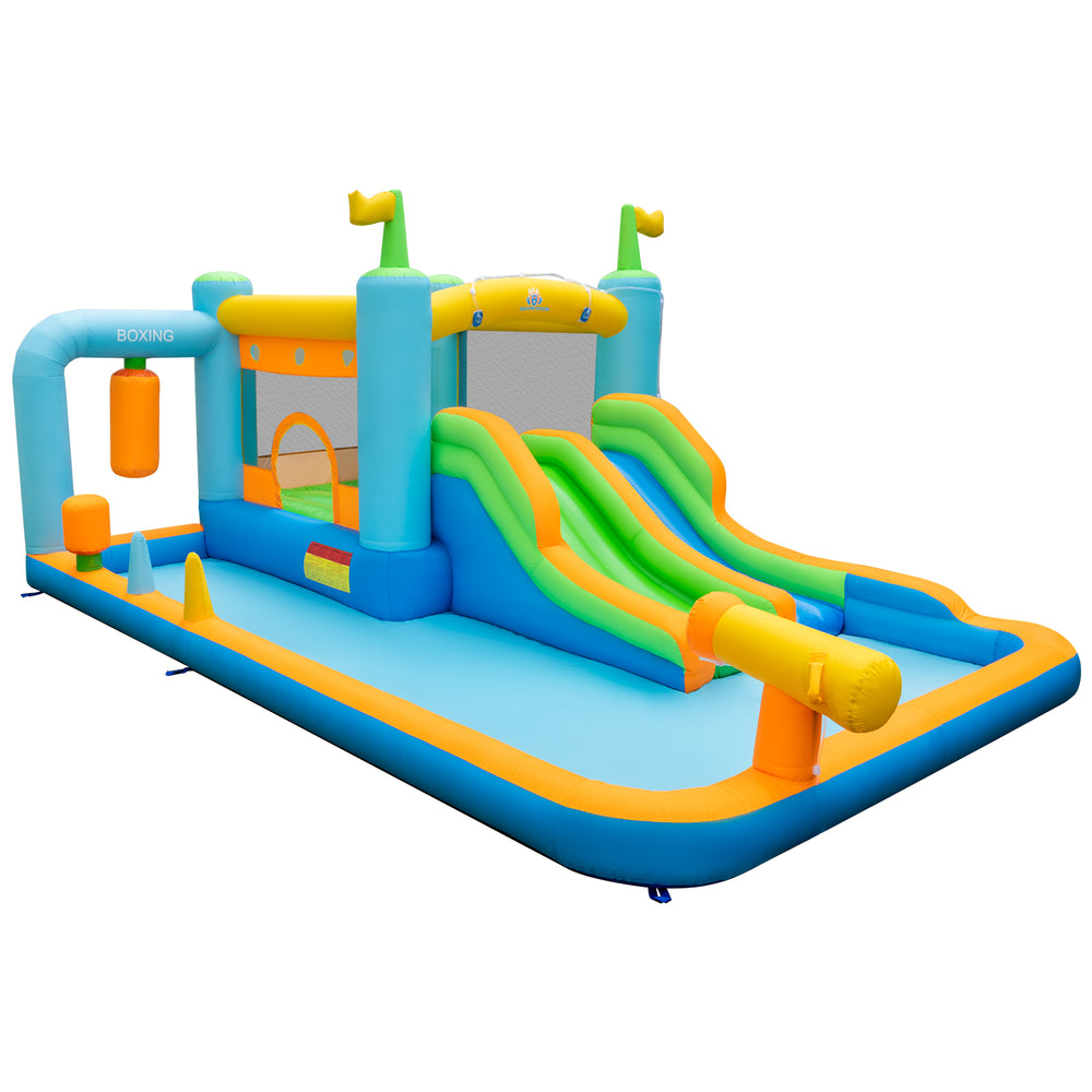 Giant inflatable water slide for kids with dual slides, splash pool, and bounce house, perfect for outdoor fun.