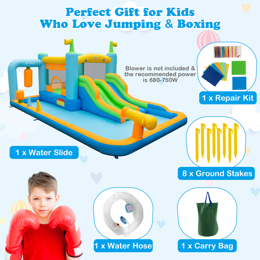 Giant inflatable water slide for kids aged 3-10, featuring dual slides, splash pool, and safety mesh walls for outdoor.