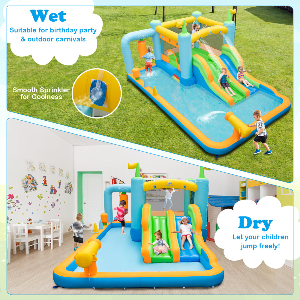 Inflatable water slide for kids aged 3-10, featuring dual slides, splash pool, and smooth sprinkler for outdoor fun.