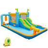 Inflatable water slide for kids with dual slides, splash pool, and basketball rim, perfect for outdoor fun and parties.