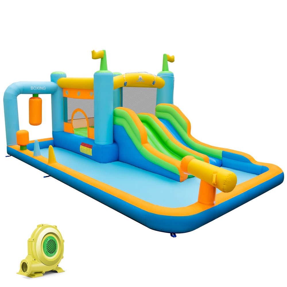 Inflatable water slide for kids with dual slides, splash pool, and basketball rim, perfect for outdoor fun and parties.