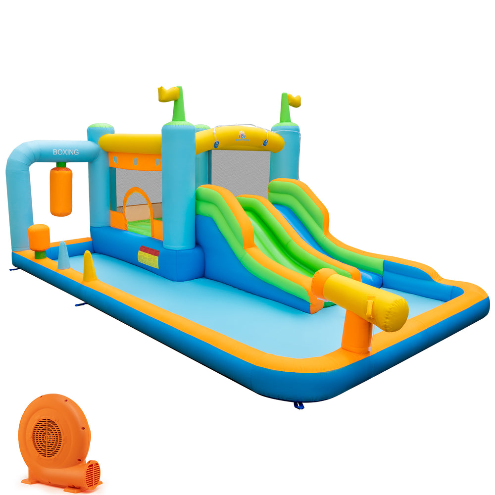 Giant inflatable water slide with dual slides, water cannon, and splash pool for kids aged 3-10, includes 680W blower.
