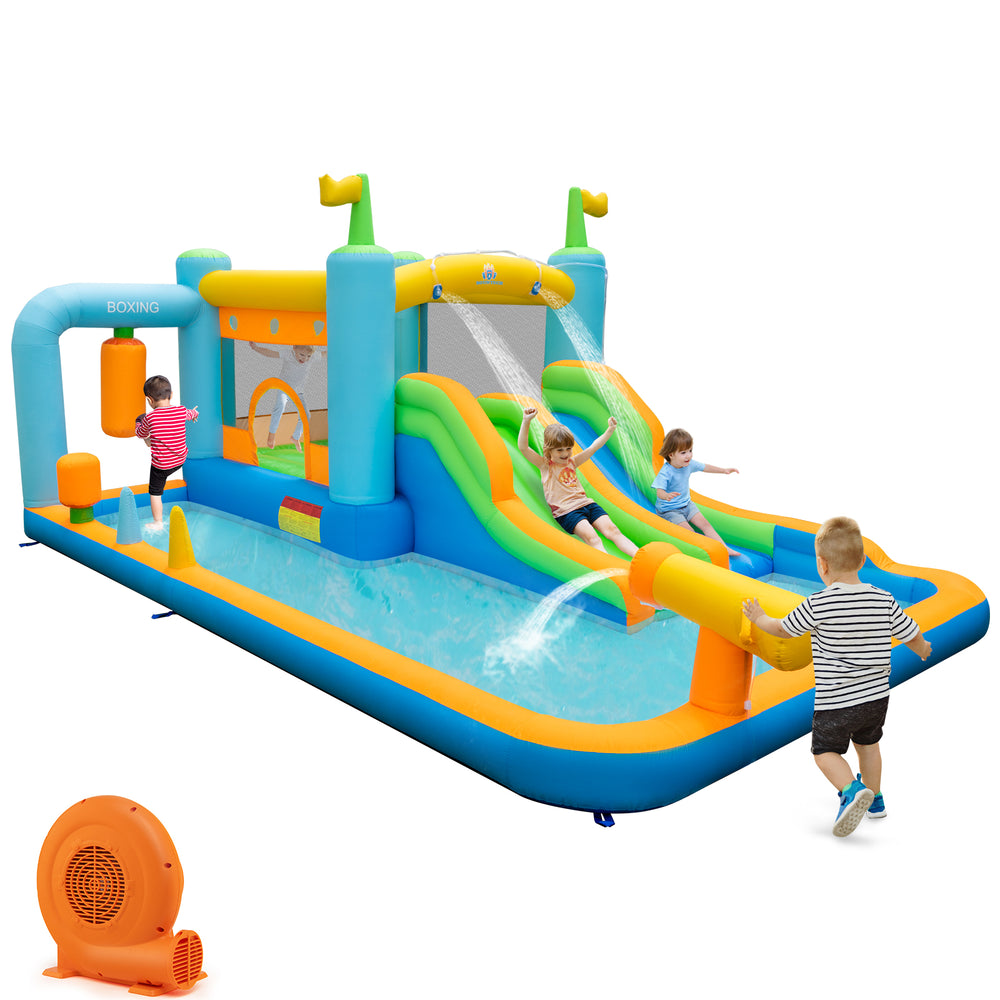Giant inflatable water slide for kids featuring dual slides, splash pool, and water cannon, perfect for outdoor fun.