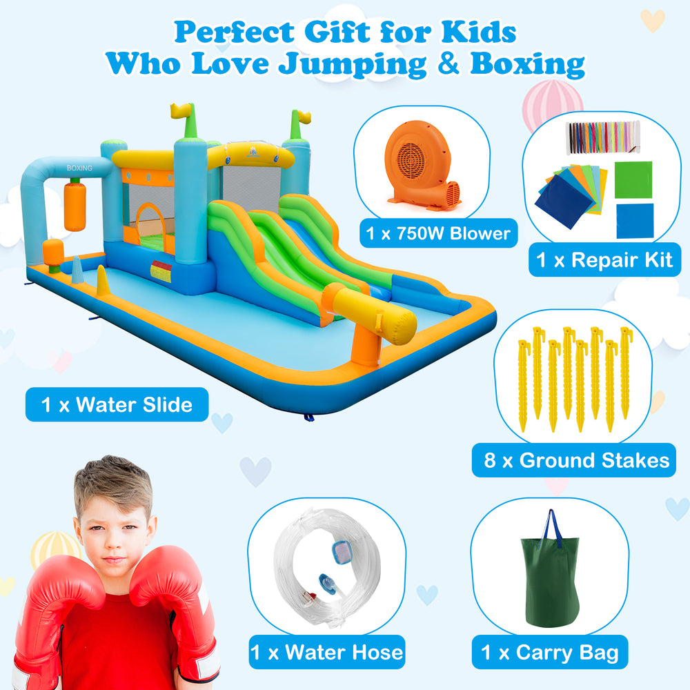 Giant inflatable water slide for kids aged 3-10, featuring dual slides, splash pool, and safety mesh walls for outdoor.