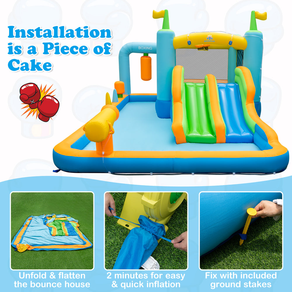 Giant inflatable water slide with dual slides and splash pool, perfect for kids' outdoor parties and summer fun.