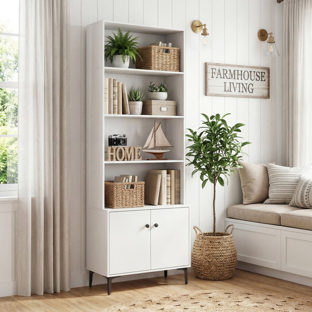 White Giantex bookshelf with open shelves and enclosed cabinet, featuring metal legs and anti-tipping kits for.