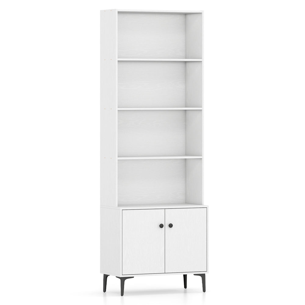 Tall white Giantex bookshelf with open display shelves and enclosed cabinet, perfect for organizing books and decor.