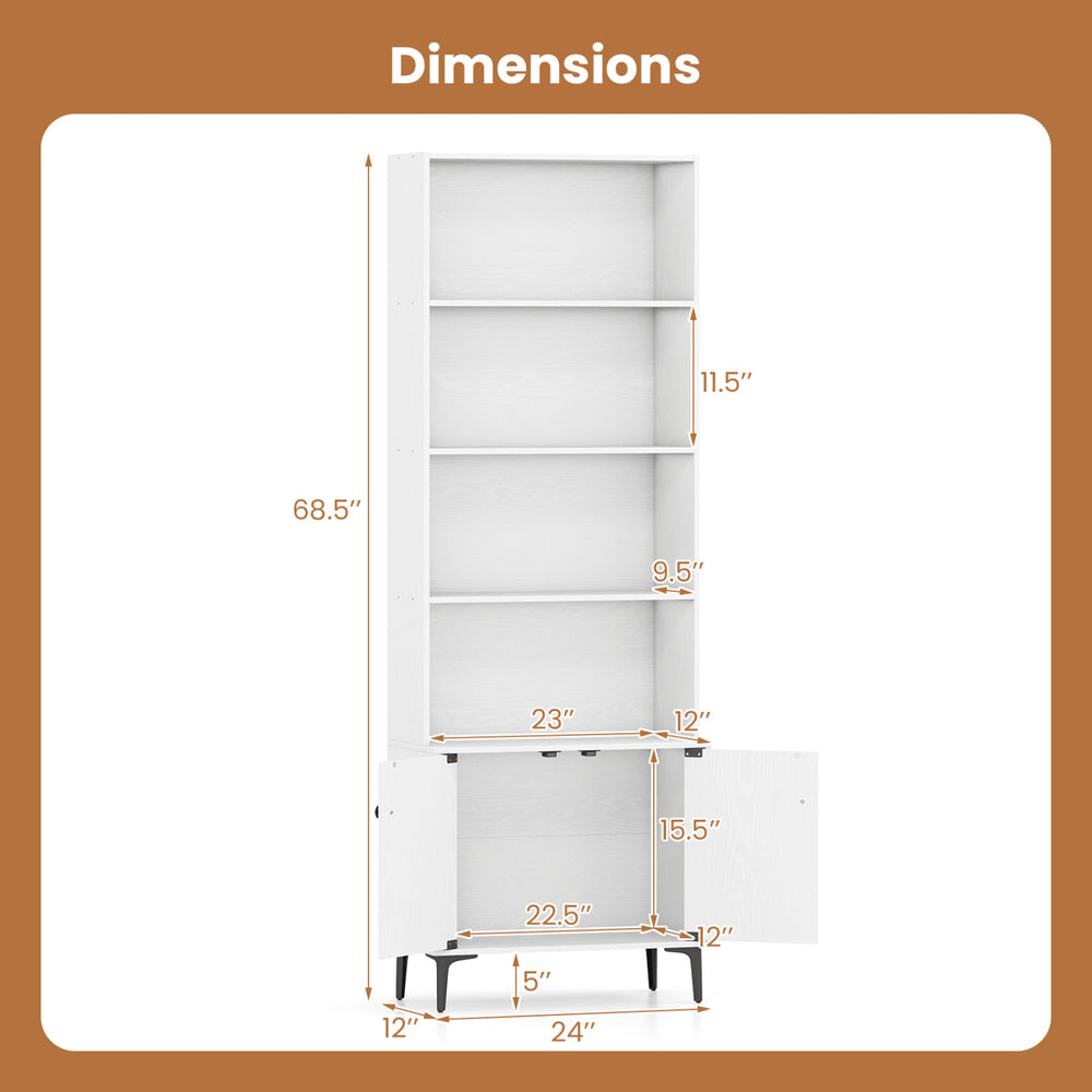 Dimensions of the Giantex white bookshelf with doors, featuring open shelving and enclosed storage for home office use.