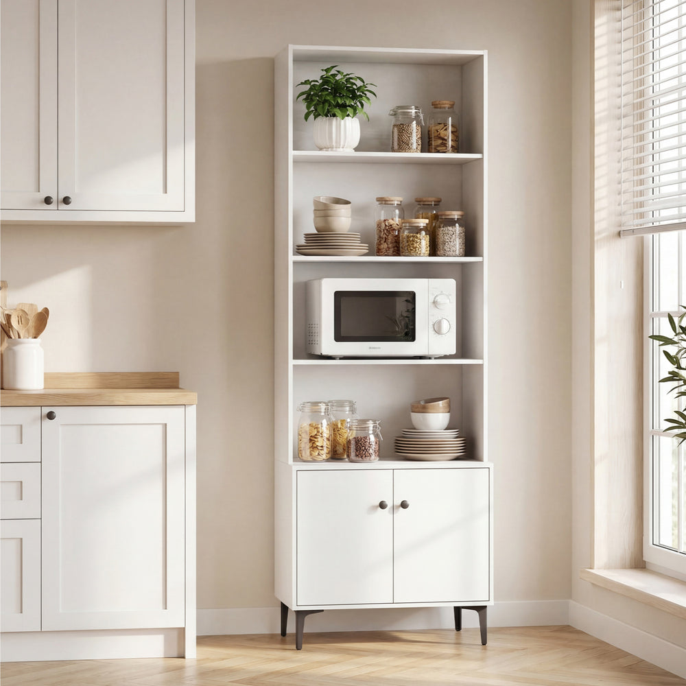 Giantex white bookshelf with metal legs, showcasing open shelves and cabinet for stylish home office organization.