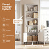 White tiered bookshelf with open display shelving and enclosed storage cabinet for books and decorations in home office.