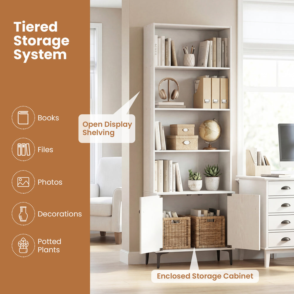 White tiered bookshelf with open display shelving and enclosed storage cabinet for books and decorations in home office.
