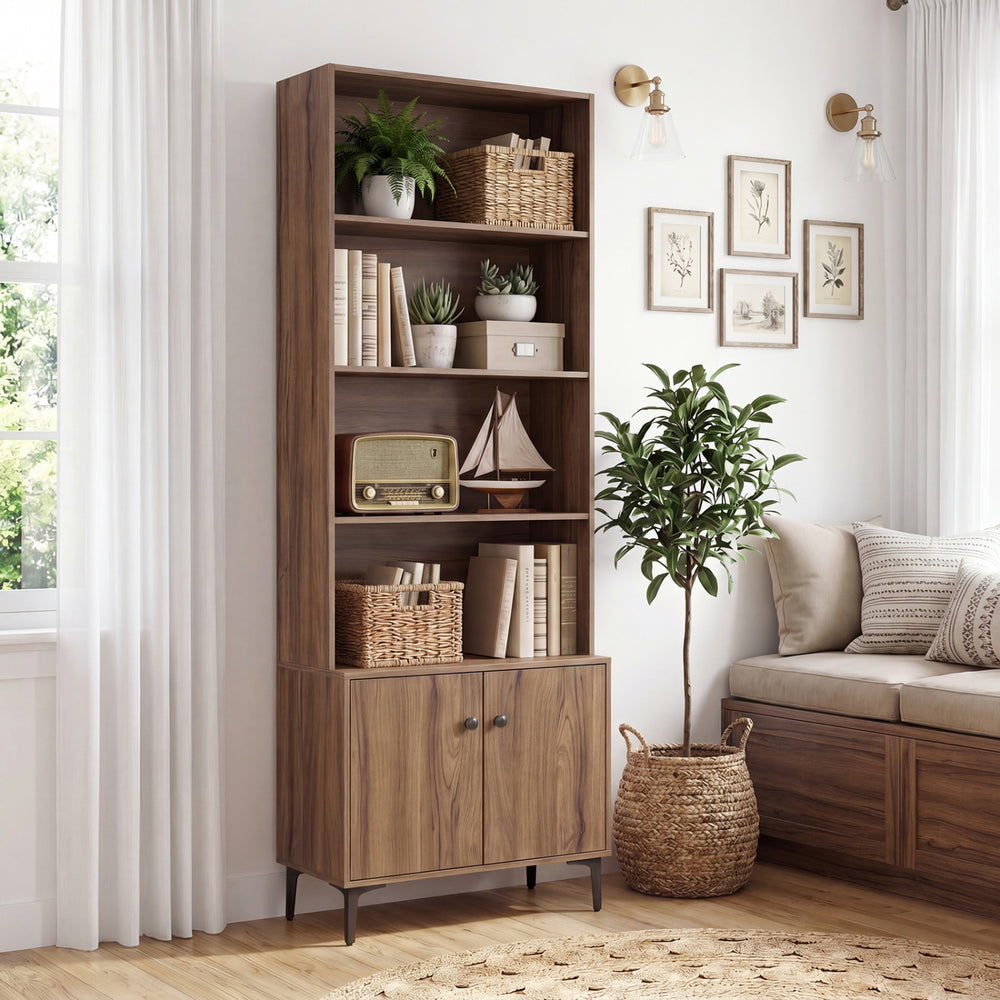 Giantex Bookshelf with Doors and 2 Anti-Tipping Kits for Home Office-Walnut - Gallery View 1 of 10