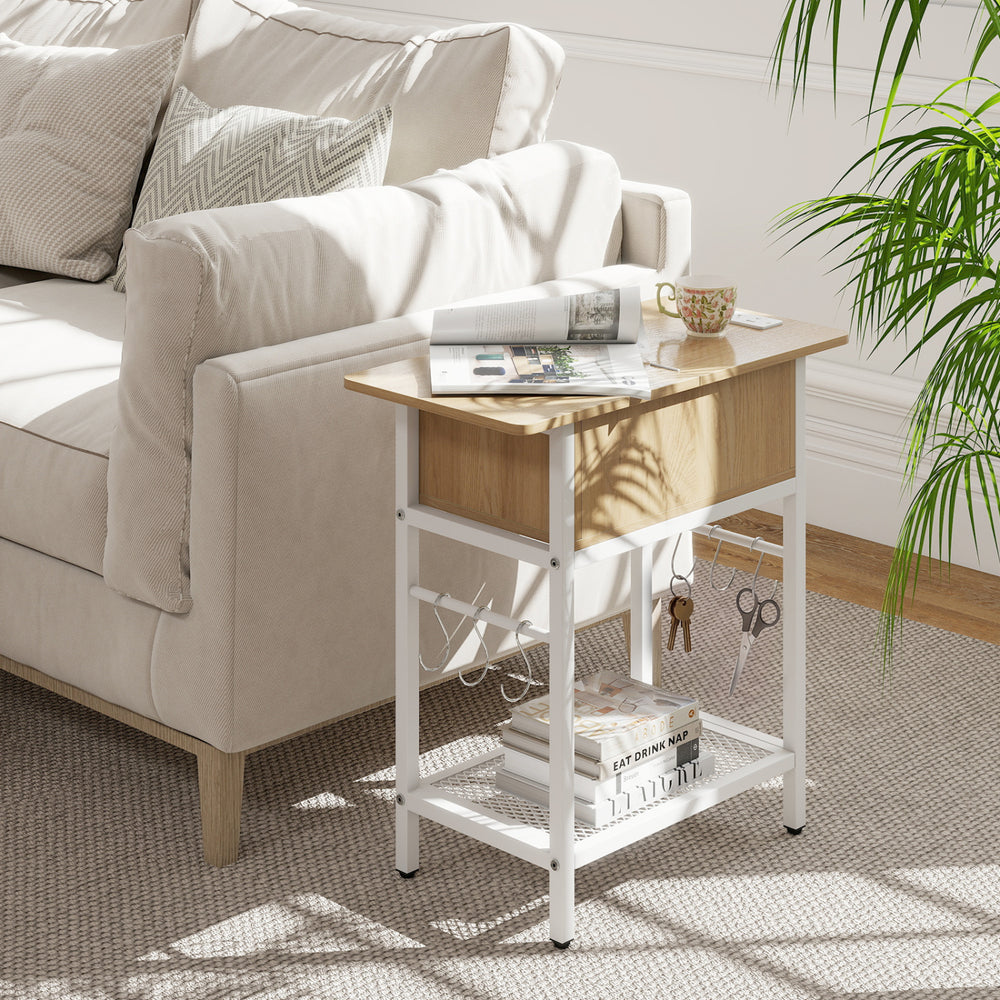 Natural wood top Giantex end table with charging station, USB ports, and hidden storage, perfect for living room use.