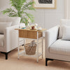 Natural wood end table with charging station, USB ports, and hidden storage, perfect for living room organization.