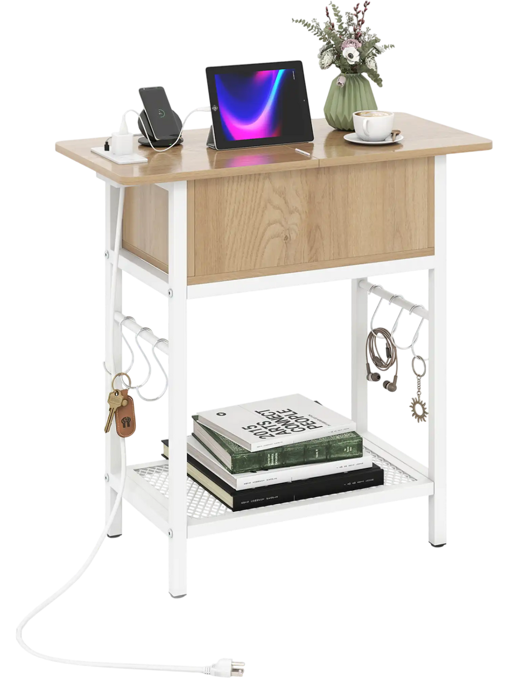 Natural wood end table with charging station, USB ports, and hidden storage, ideal for versatile home use.