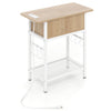 Natural wood end table with charging station, USB ports, and flip top, featuring a wire shelf and removable S hooks.