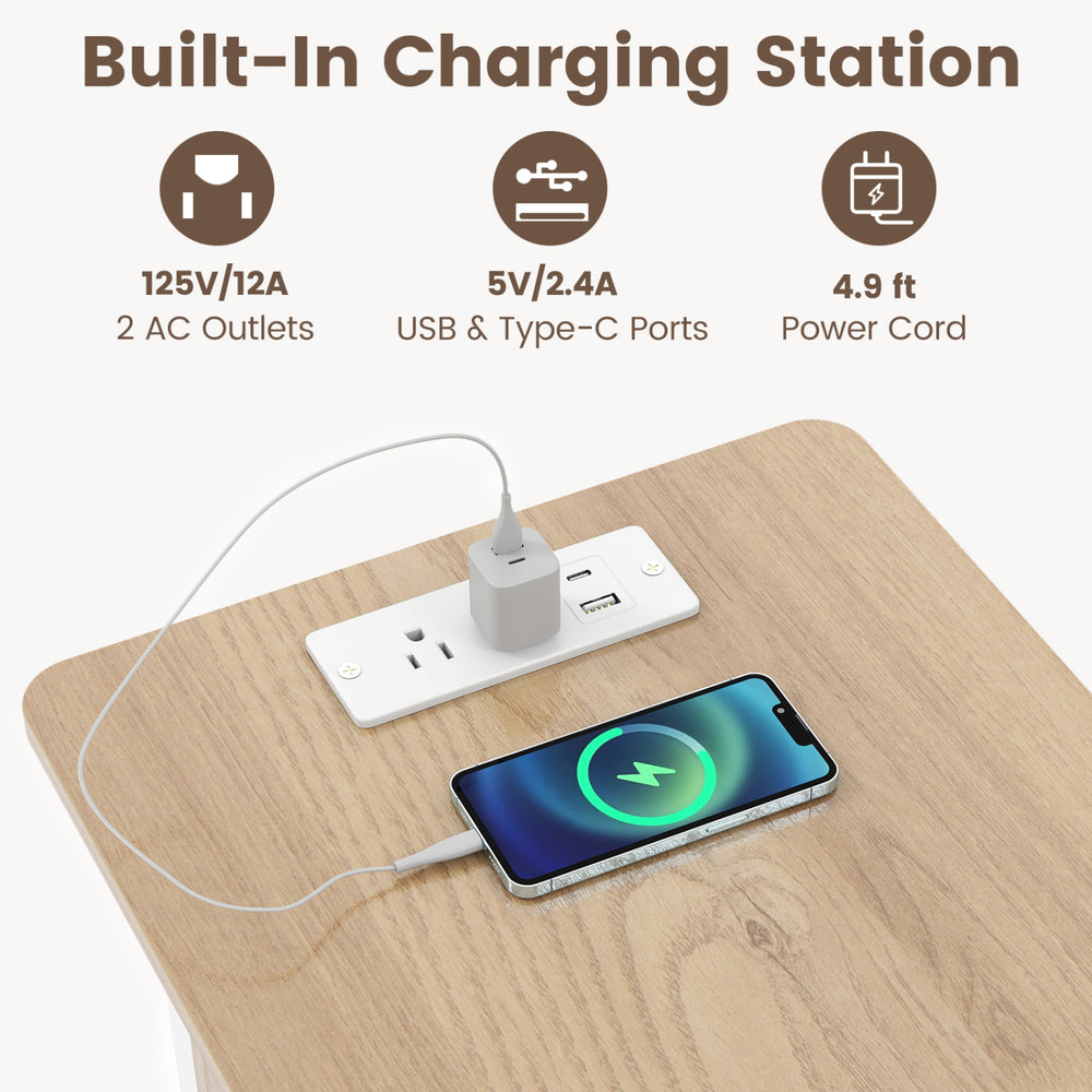 End table with integrated charging station featuring 2 AC outlets, USB and Type-C ports for convenient access.