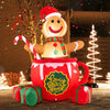 7-foot inflatable gingerbread man in hot cocoa mug with LED lights, surrounded by gift boxes for festive outdoor decor.