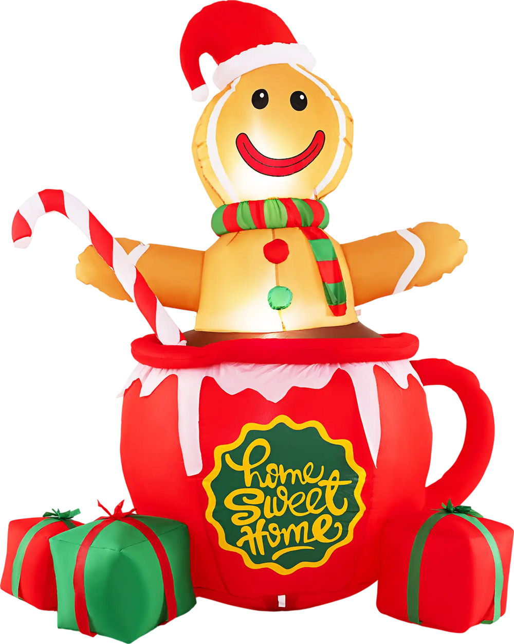 7 Feet Inflatable Gingerbread Man in Hot Cocoa Mug with Built-in LED Lights and Gift Boxes