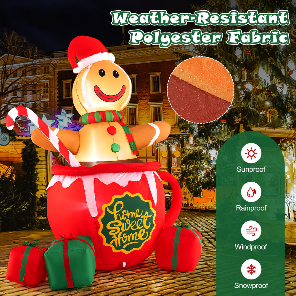 7-foot inflatable gingerbread man in hot cocoa mug with LED lights, weather-resistant fabric, perfect for Christmas.