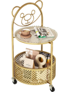 Gold modern sofa side table with bear pattern, tempered glass top, and lockable wheels for versatile living room use.