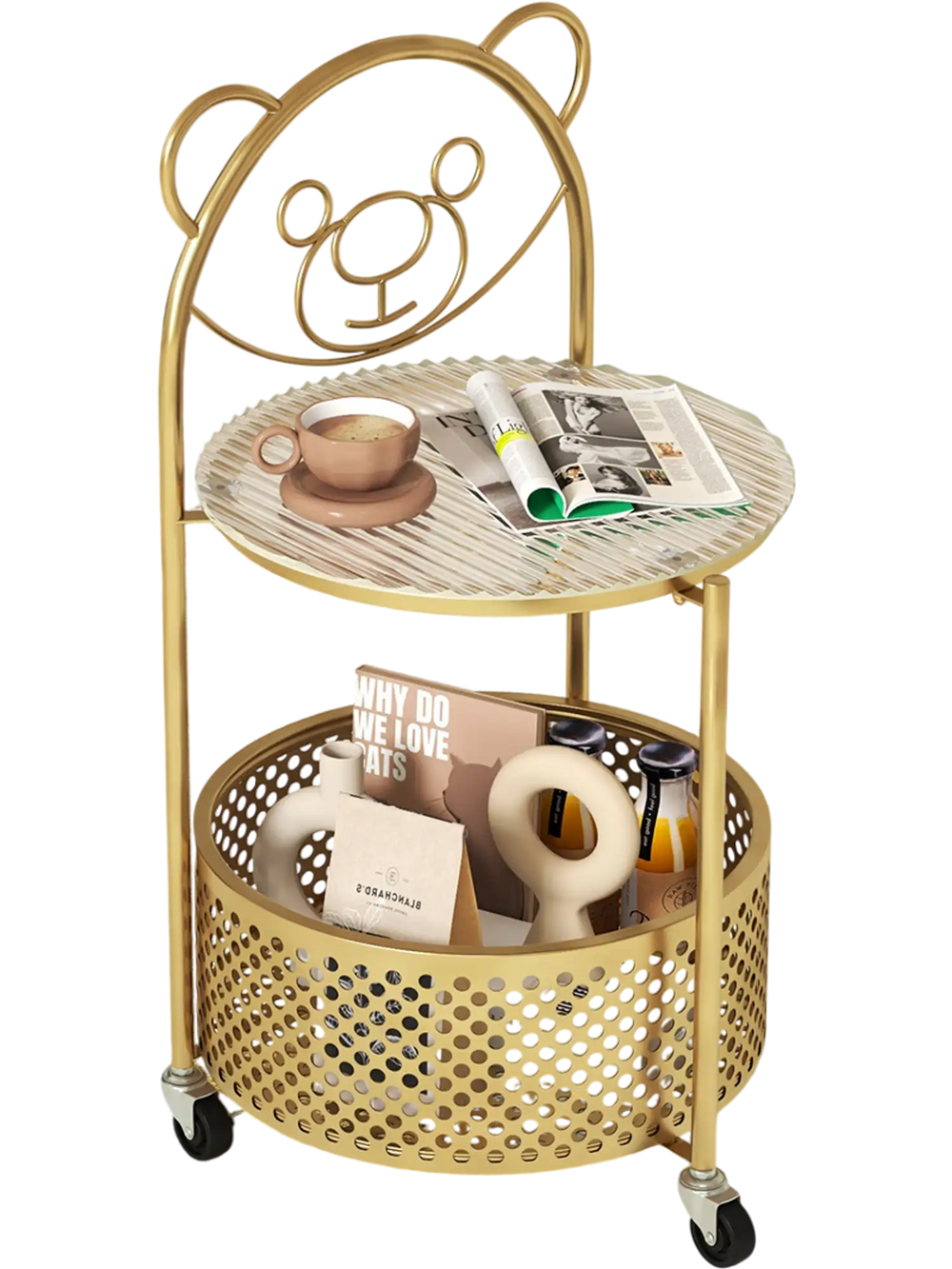 Gold modern sofa side table with bear pattern, tempered glass top, and lockable wheels for versatile living room use.