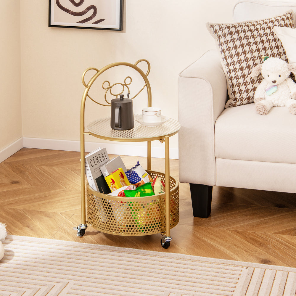 Gold modern sofa side table with bear pattern, tempered glass top, and lockable wheels for easy movement in any room.