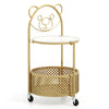 Gold modern sofa side table with bear pattern, tempered glass top, and lockable wheels for versatile living space use.
