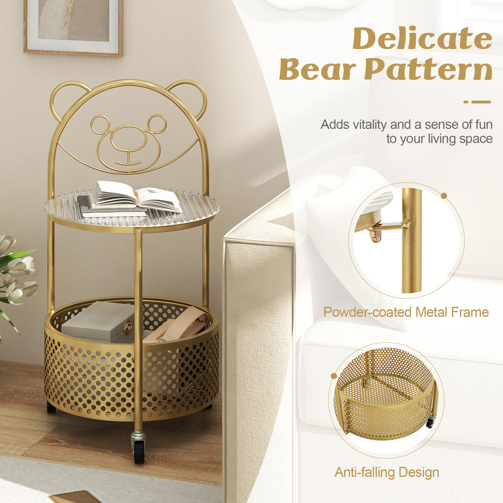 Gold modern side table with bear pattern and anti-falling storage basket, featuring a round tempered glass top for.