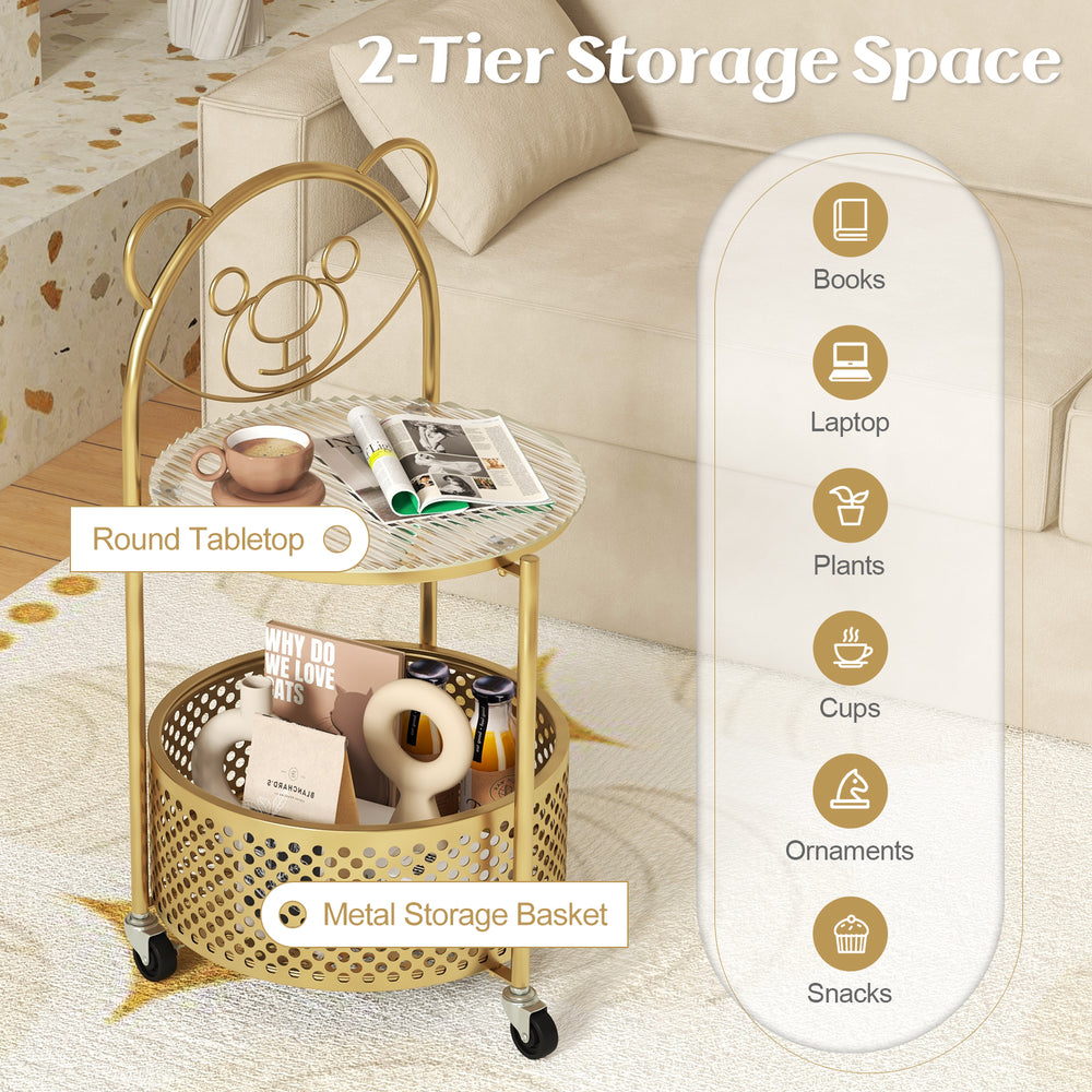 Round gold side table with bear pattern, tempered glass top, and metal storage basket on lockable wheels for versatile.