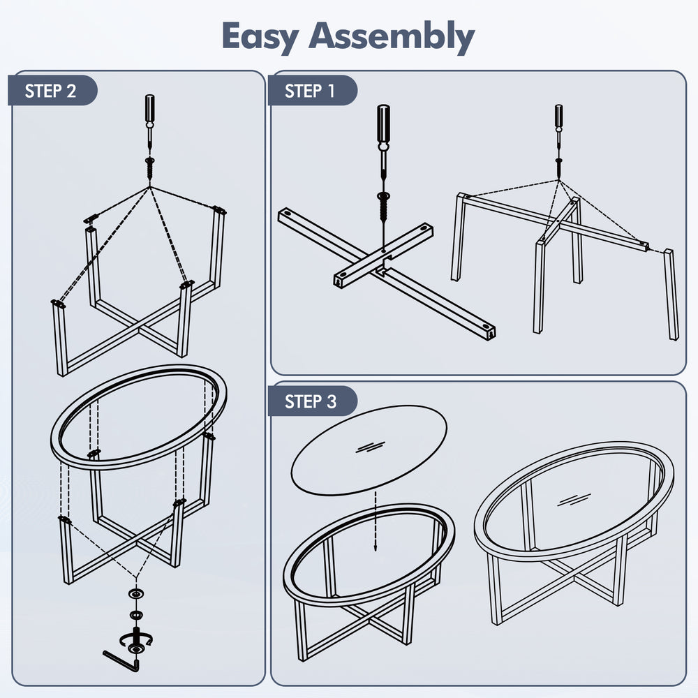 Assembly instructions for the oval glass coffee table with acacia wood legs and cross base, showcasing step-by-step.