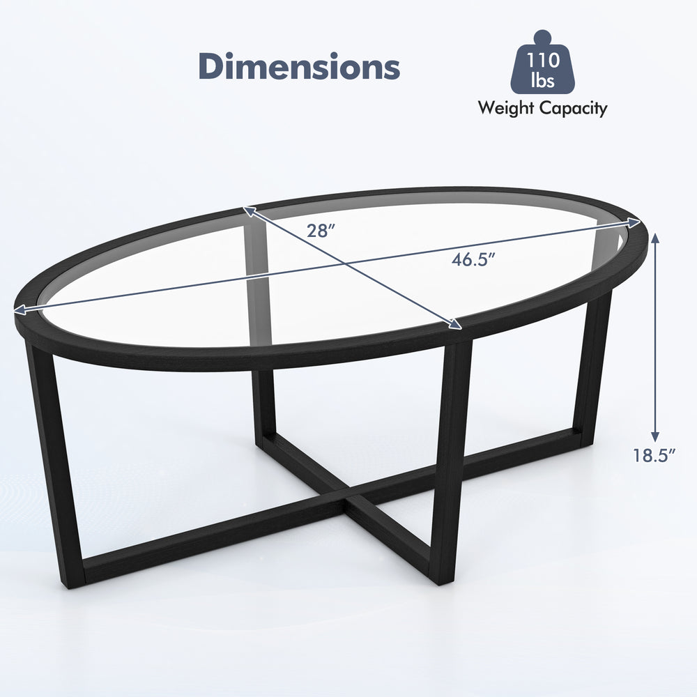 Oval glass coffee table with acacia wood legs, dimensions 46.5" x 28" x 18.5", stable cross base, 110 lbs capacity.