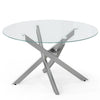 Round coffee table featuring a clear tempered glass top and a stylish silver geometric base, ideal for contemporary.