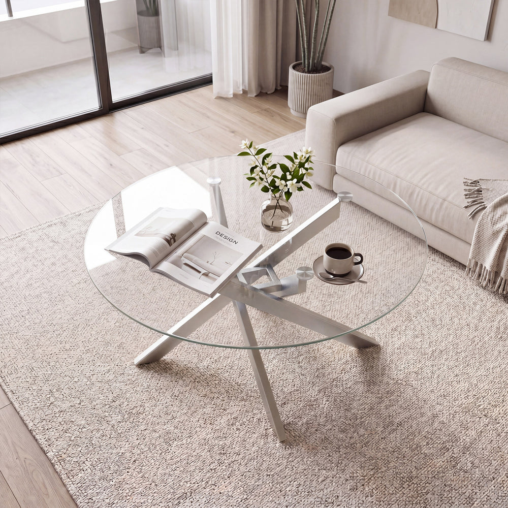 Glass Coffee Table Round Clear Center Table with Tempered Glass Top-Silver - Gallery View 1 of 11