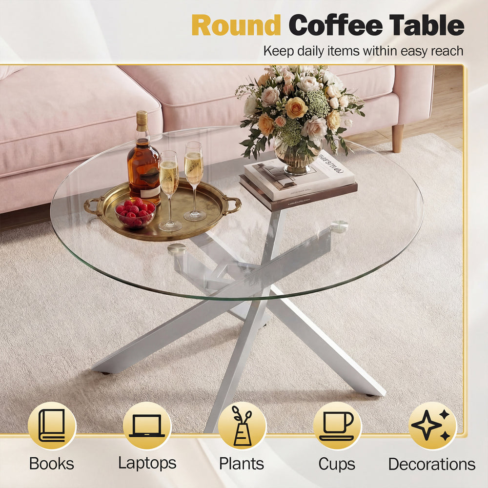Round glass coffee table with a tempered glass top and silver metal frame, perfect for modern living spaces.