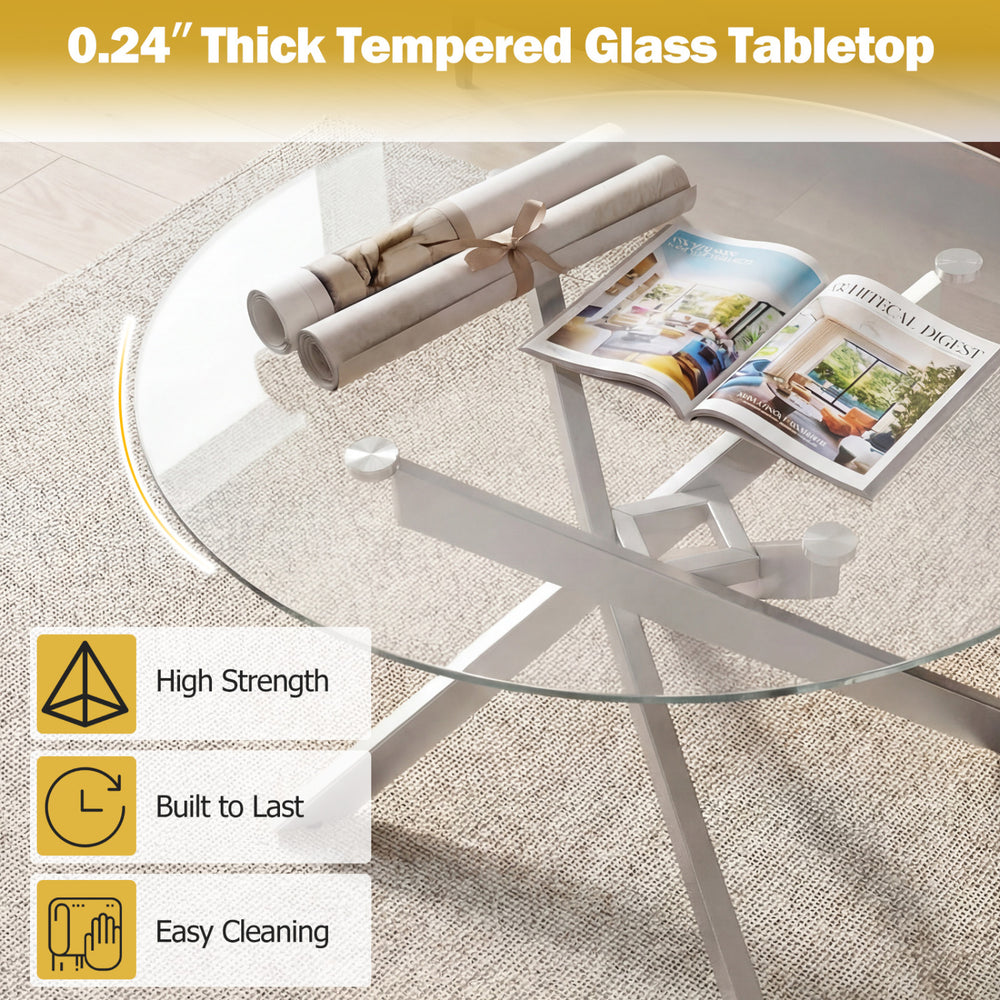 Round glass coffee table with a 0.24" thick tempered glass top and silver geometric metal frame for modern aesthetics.