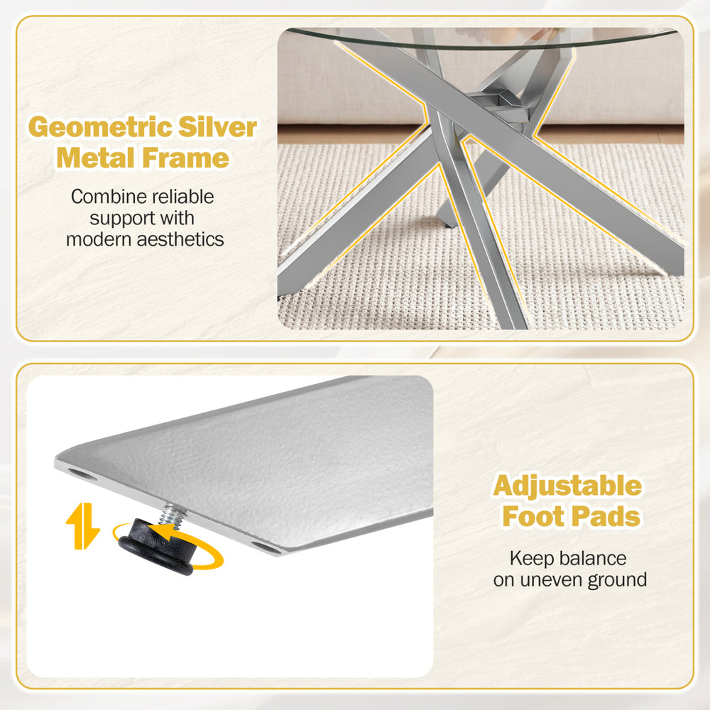Round glass coffee table with a geometric silver metal frame and adjustable foot pads for stability on uneven ground.