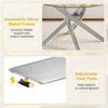 Round glass coffee table with a geometric silver metal frame and adjustable foot pads for stability on uneven ground.