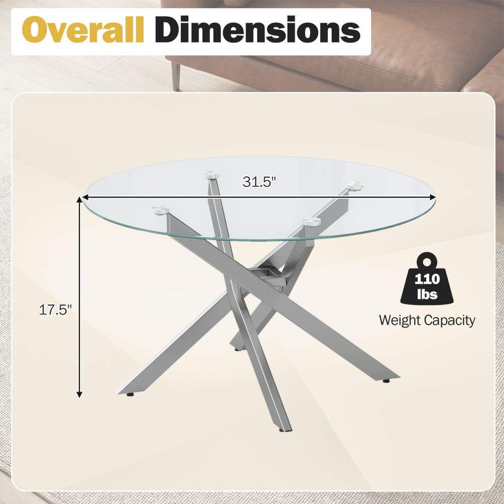 Round glass coffee table with a tempered glass top and silver geometric metal frame, featuring dimensions of 31.5" x.
