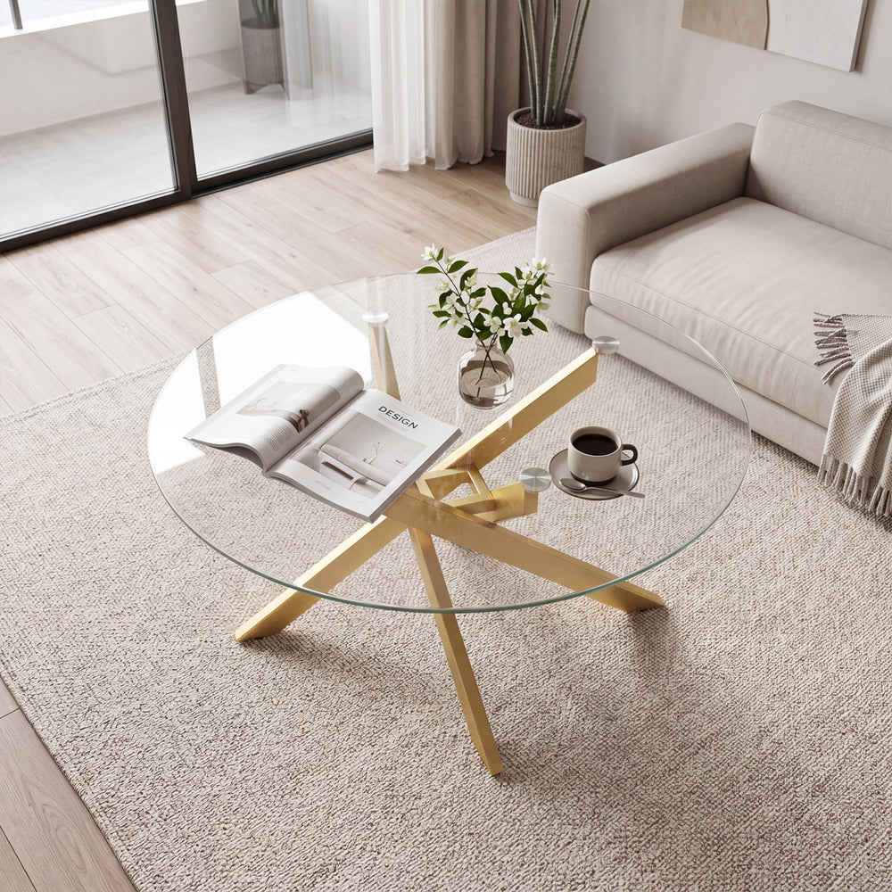 Glass Coffee Table Round Clear Center Table with Tempered Glass Top-Golden - Gallery View 1 of 11