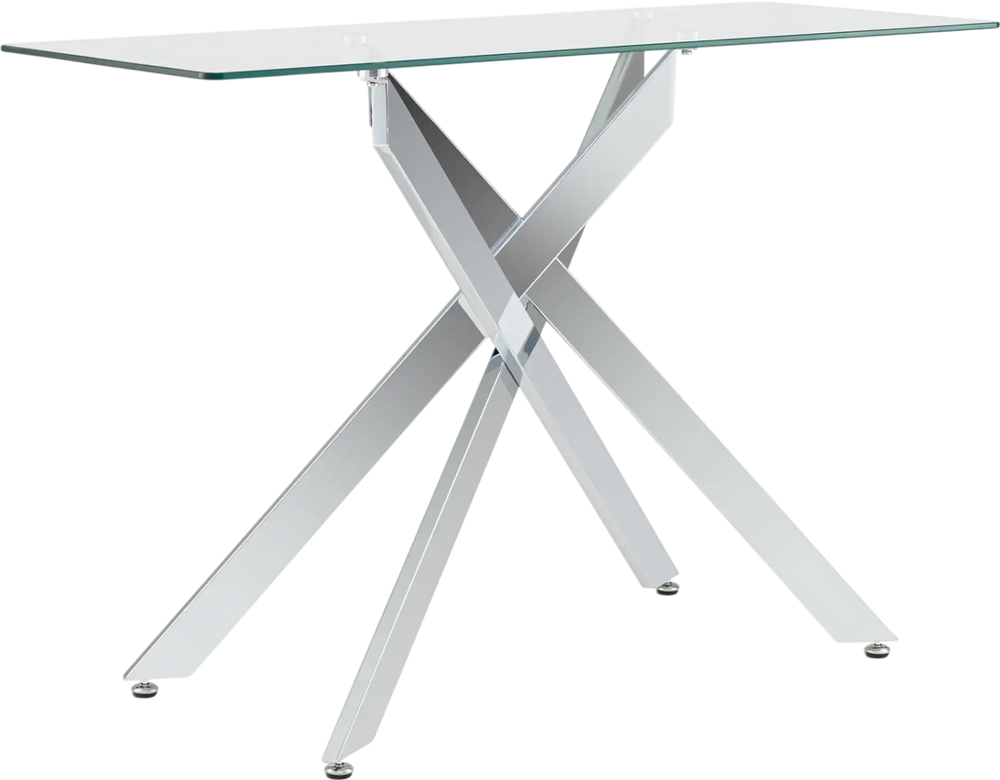Modern glass console table with a clear tempered glass top and chromed metal legs, ideal for stylish entryways.