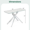 Modern glass console table with clear tempered glass top and chromed legs, featuring dimensions of 45” x 18” x 31”.