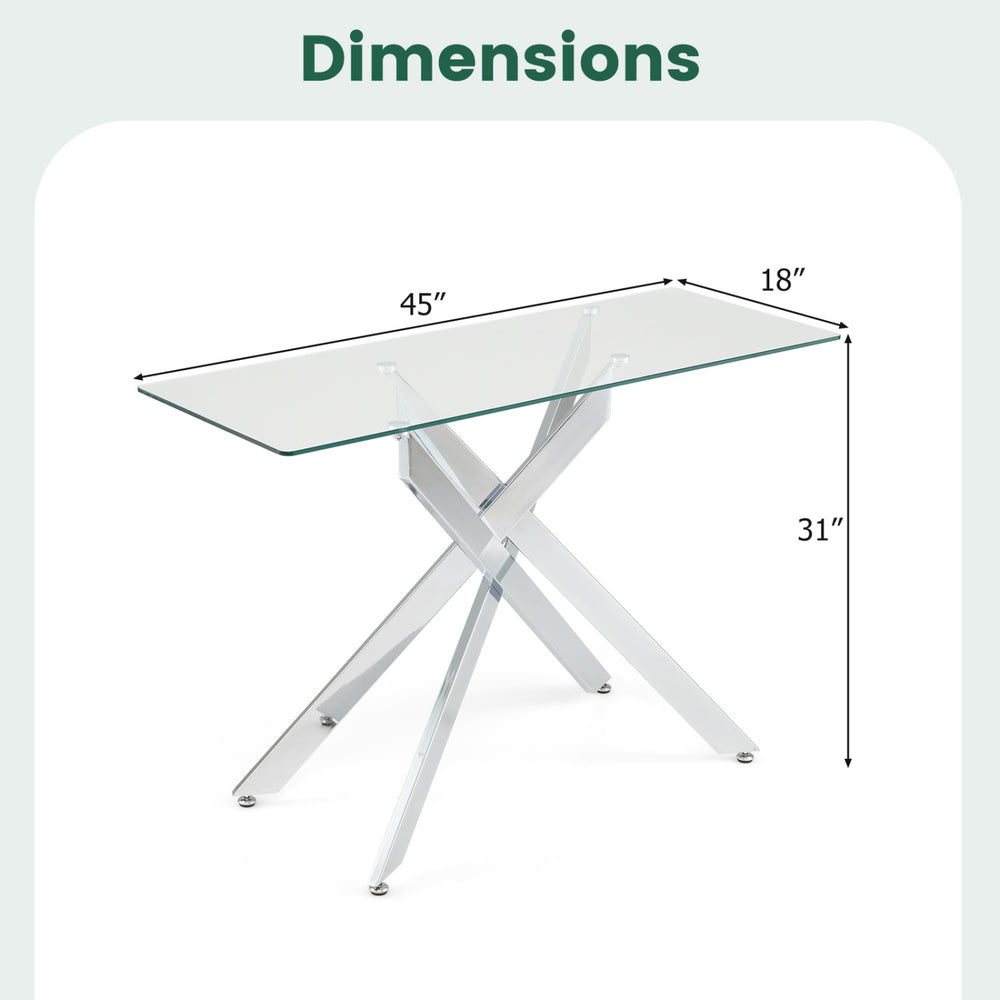 Modern glass console table with clear tempered glass top and chromed legs, featuring dimensions of 45” x 18” x 31”.